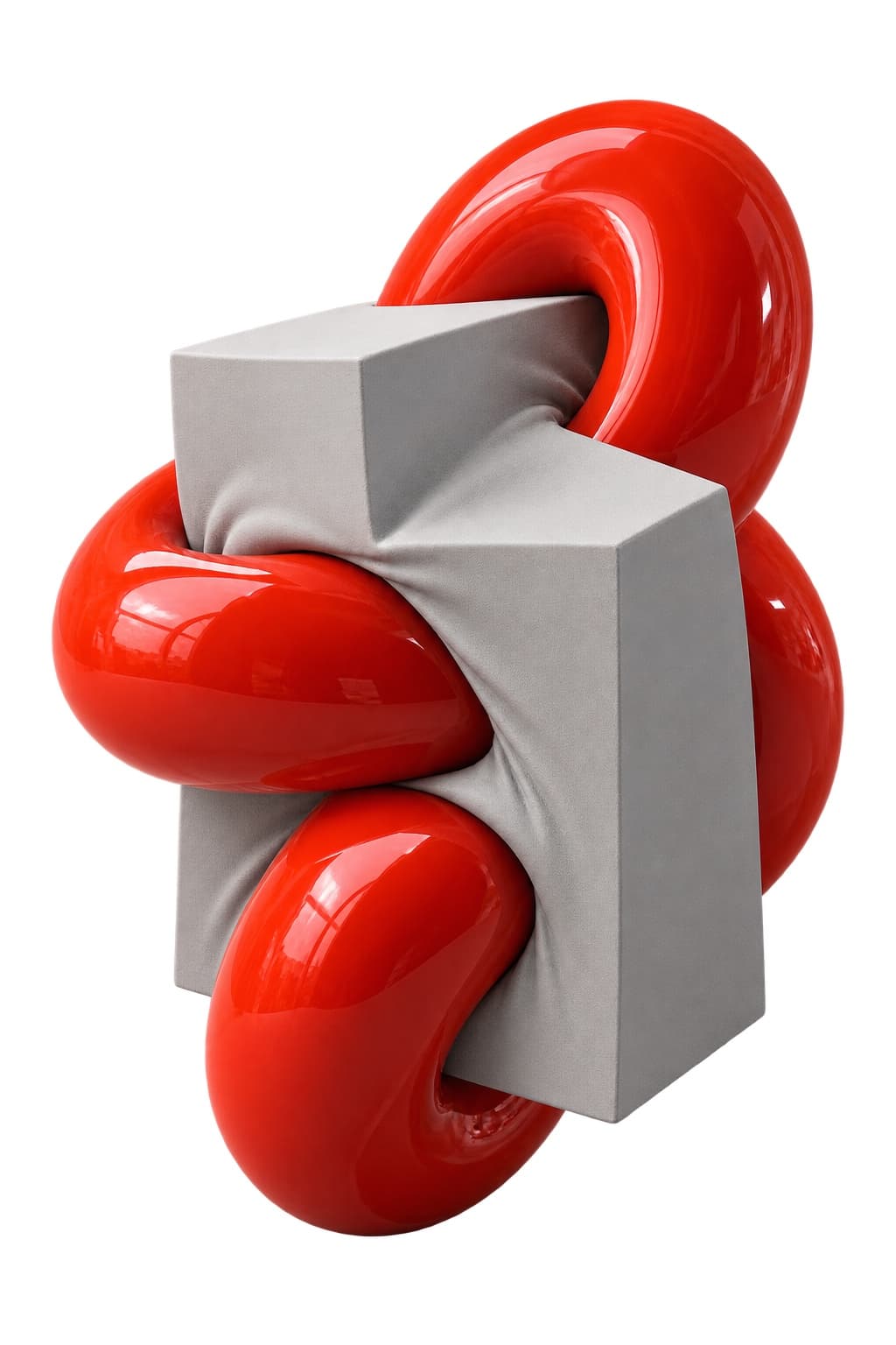 Glossy red sculptural form interrupting a grey block